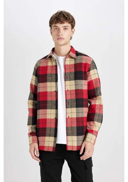 Regular Fit Polo Yaka Kareli Oduncu Flanel Uzun Kollu Gömlek D7190AXNS