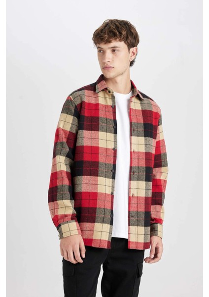 Regular Fit Polo Yaka Kareli Oduncu Flanel Uzun Kollu Gömlek D7190AXNS