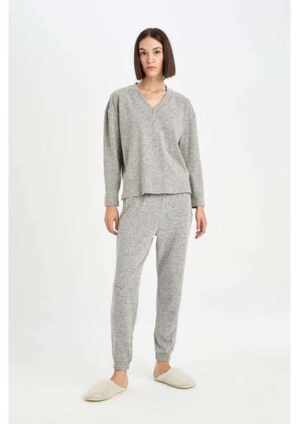 Pijama Takım V Yaka Uzun Kollu Üst Beli Lastikli Alt-Fall in Love D6950AX24AU