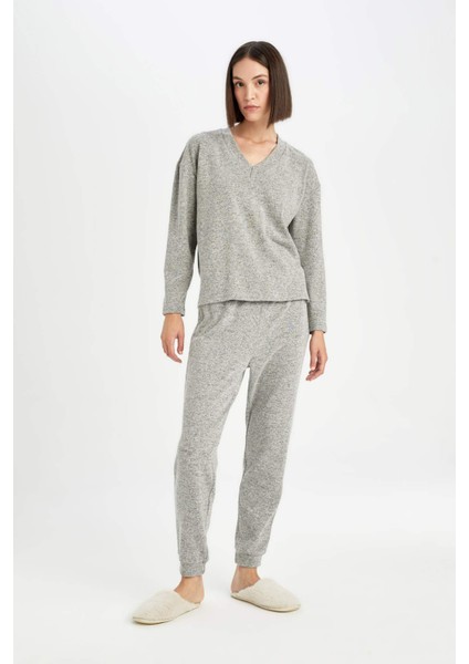 Pijama Takım V Yaka Uzun Kollu Üst Beli Lastikli Alt-Fall in Love D6950AX24AU