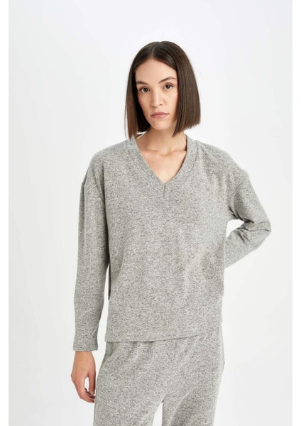 Pijama Takım V Yaka Uzun Kollu Üst Beli Lastikli Alt-Fall in Love D6950AX24AU