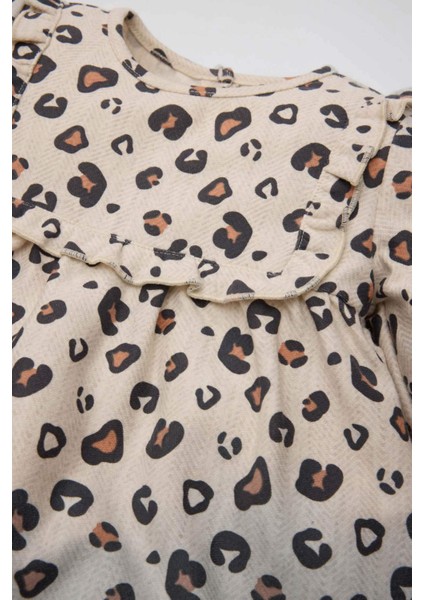 Kız Bebek Leopar Desenli Düğmeli Fırfırlı Uzun Kollu Elbise D5634A524WN