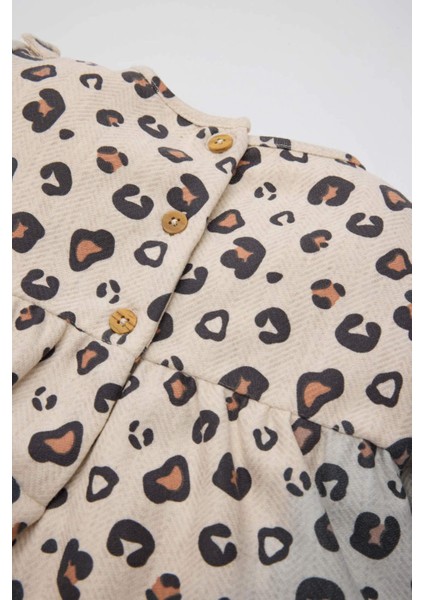 Kız Bebek Leopar Desenli Düğmeli Fırfırlı Uzun Kollu Elbise D5634A524WN