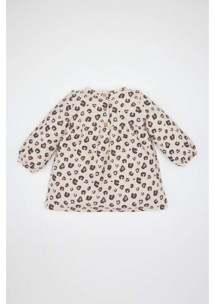 Kız Bebek Leopar Desenli Düğmeli Fırfırlı Uzun Kollu Elbise D5634A524WN