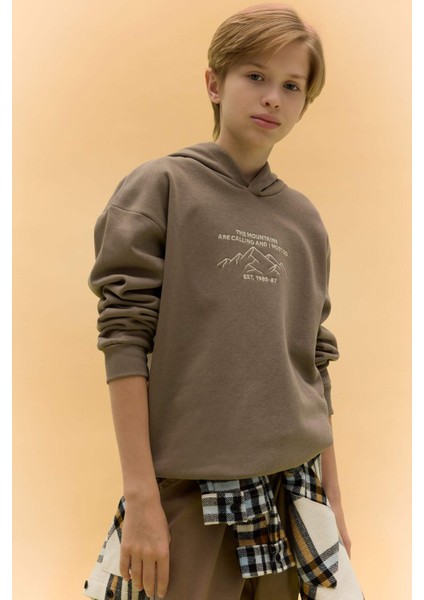 Erkek Çocuk Oversize Geniş Kalıp Baskılı Kapüşonlu Sweatshirt D5344A824WN