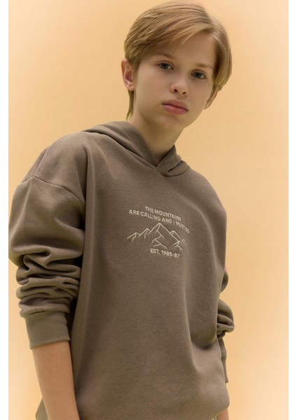 Erkek Çocuk Oversize Geniş Kalıp Baskılı Kapüşonlu Sweatshirt D5344A824WN