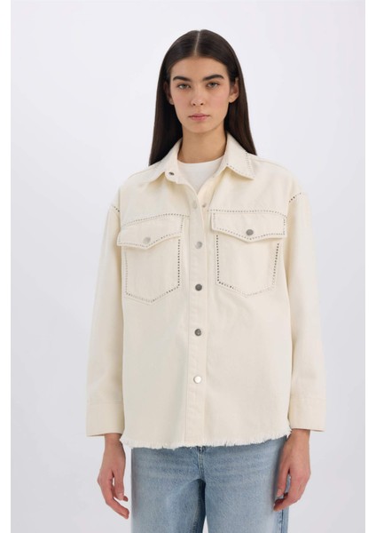 Oversize Geniş Kalıp Cepli Püsküllü Gabardin Uzun Kollu Ceket Gömlek D5266AX24AU