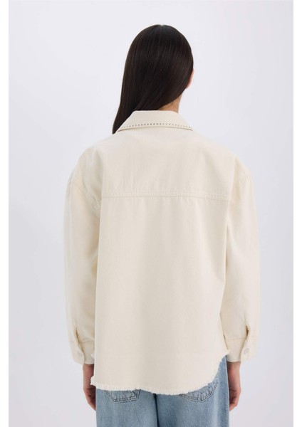 Oversize Geniş Kalıp Cepli Püsküllü Gabardin Uzun Kollu Ceket Gömlek D5266AX24AU