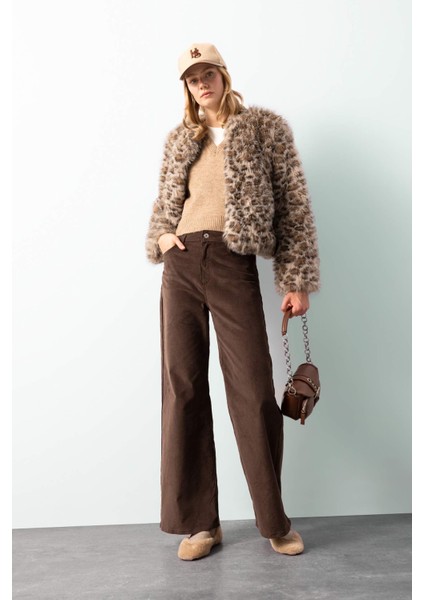 Regular Fit Leopar Desenli Kısa Suni Kürk Ceket Mont D6650AX24WN