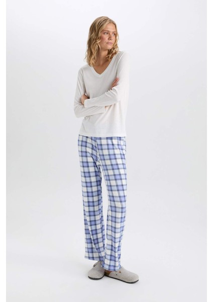Pijama Takımı V Yaka Uzun Kollu Basic Düz Üst Kareli Beli Lastikli Alt-Fall in Love C5438AX24AU