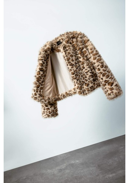 Regular Fit Leopar Desenli Kısa Suni Kürk Ceket Mont D6650AX24WN