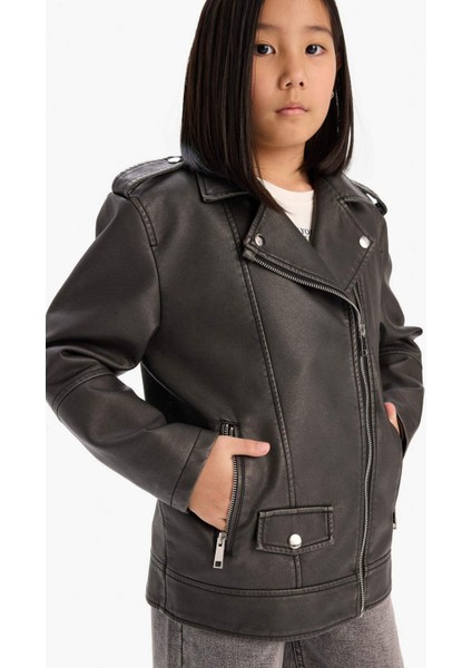 Kız Çocuk Su Geçirmez Fermuarlı Çift Cepli Suni Deri Ceket Mont D6922A825SP