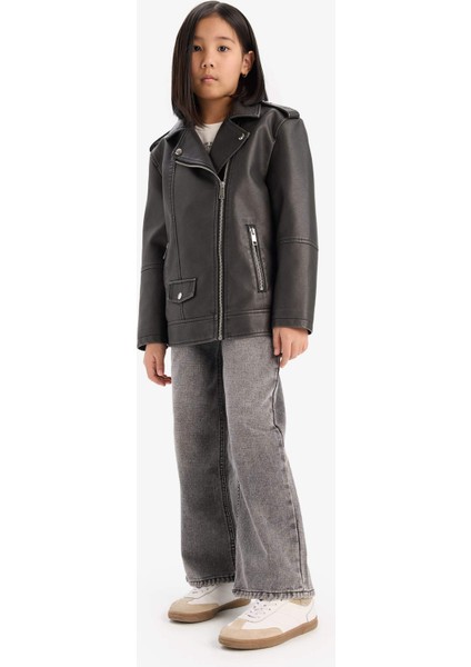 Kız Çocuk Su Geçirmez Fermuarlı Çift Cepli Suni Deri Ceket Mont D6922A825SP