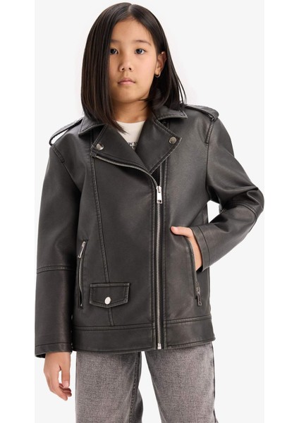 Kız Çocuk Su Geçirmez Fermuarlı Çift Cepli Suni Deri Ceket Mont D6922A825SP