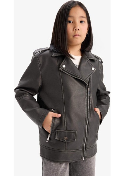 Kız Çocuk Su Geçirmez Fermuarlı Çift Cepli Suni Deri Ceket Mont D6922A825SP