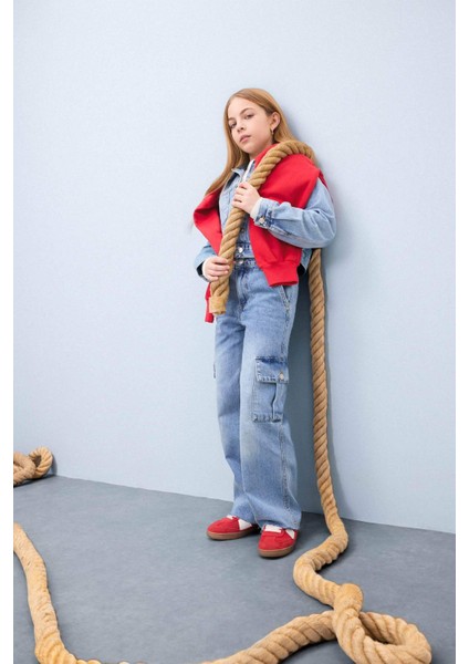 Kız Çocuk Wide Leg Kargo Geniş Bol Paça Pamuklu Jean Pantolon D7089a825sp
