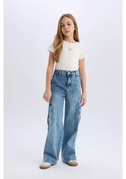 Kız Çocuk Wide Leg Kargo Geniş Bol Paça Pamuklu Jean Pantolon D7089a825sp