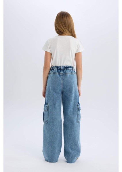 Kız Çocuk Wide Leg Kargo Geniş Bol Paça Pamuklu Jean Pantolon D7089a825sp