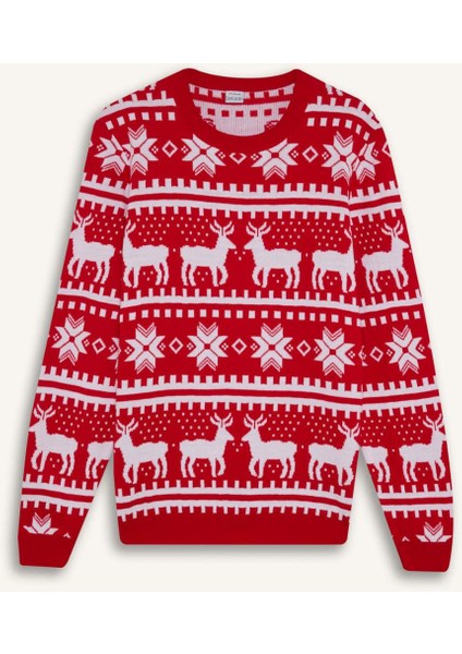 Kırmızı Standart Fit Yılbaşı Temalı Bisiklet Yaka Triko Kazak B2356AX24WN