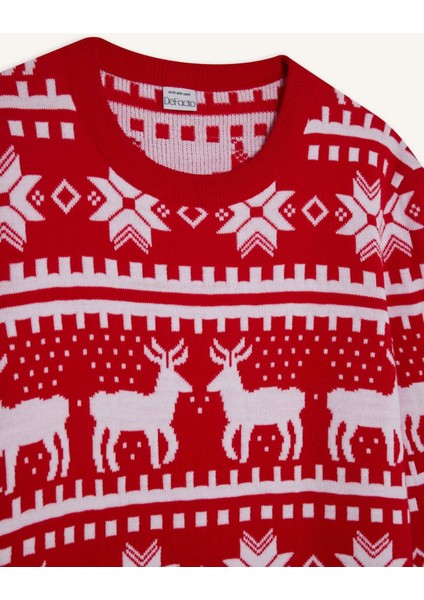 Kırmızı Standart Fit Yılbaşı Temalı Bisiklet Yaka Triko Kazak B2356AX24WN