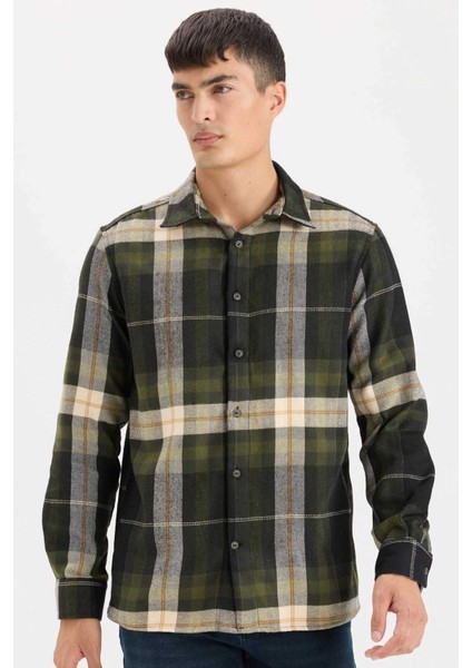 Regular Fit Polo Yaka Kareli Flanel Uzun Kollu Gömlek D5835AX24AU