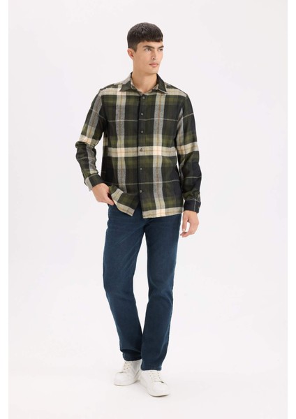 Regular Fit Polo Yaka Kareli Flanel Uzun Kollu Gömlek D5835AX24AU