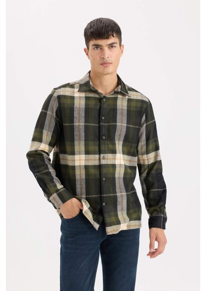 Regular Fit Polo Yaka Kareli Flanel Uzun Kollu Gömlek D5835AX24AU