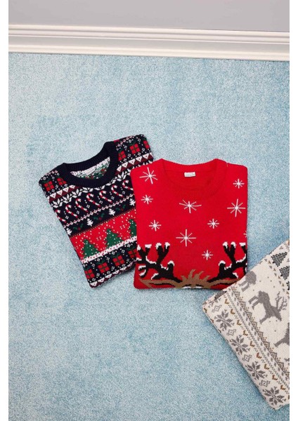 Kırmızı Standart Fit Yılbaşı Temalı Bisiklet Yaka Triko Kazak D5795AX24WN