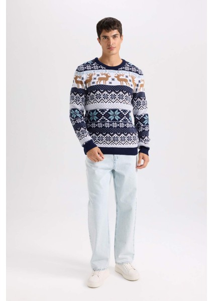 Standart Fit Yılbaşı Temalı Bisiklet Yaka Triko Kazak D5486AX24WN