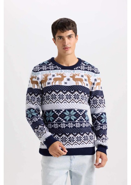 Standart Fit Yılbaşı Temalı Bisiklet Yaka Triko Kazak D5486AX24WN