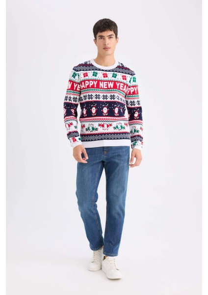 Standart Fit Yılbaşı Temalı Bisiklet Yaka Triko Kazak D5489AX24WN