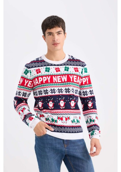 Standart Fit Yılbaşı Temalı Bisiklet Yaka Triko Kazak D5489AX24WN