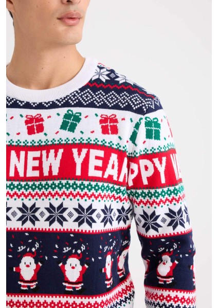 Standart Fit Yılbaşı Temalı Bisiklet Yaka Triko Kazak D5489AX24WN