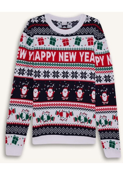 Standart Fit Yılbaşı Temalı Bisiklet Yaka Triko Kazak D5489AX24WN