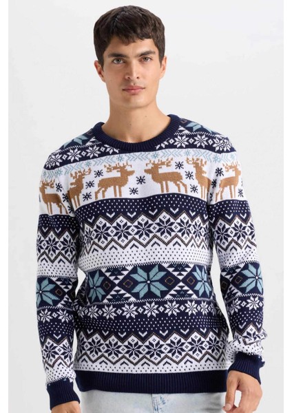 Standart Fit Yılbaşı Temalı Bisiklet Yaka Triko Kazak D5486AX24WN