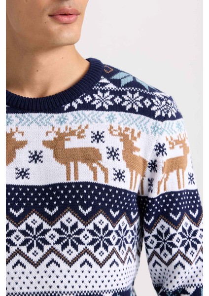 Standart Fit Yılbaşı Temalı Bisiklet Yaka Triko Kazak D5486AX24WN