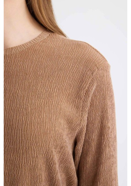 Regular Fit Bürümcük Uzun Kollu Bağcıklı Midi Elbise D5024AX24AU