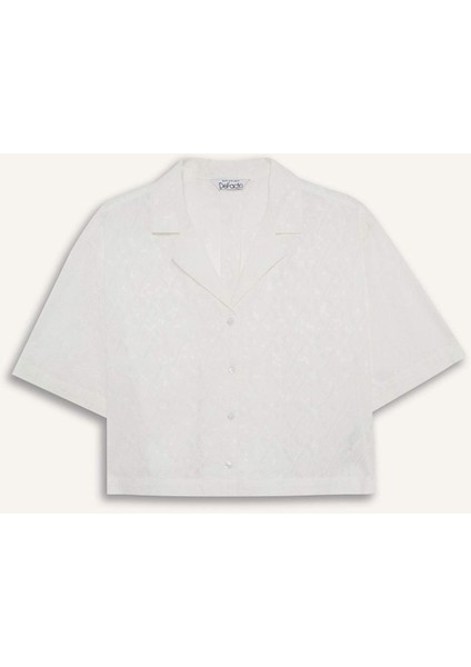 Oversize Geniş Kalıp Pijama Yaka Nakışlı Brode Kısa Kollu Gömlek B9022AX25SM