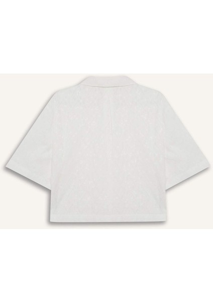 Oversize Geniş Kalıp Pijama Yaka Nakışlı Brode Kısa Kollu Gömlek B9022AX25SM