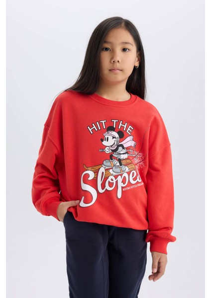 Kız Çocuk Disney Mickey & Minnie Oversize Geniş Kalıp Bisiklet Yaka Sweatshirt D4377A824WN