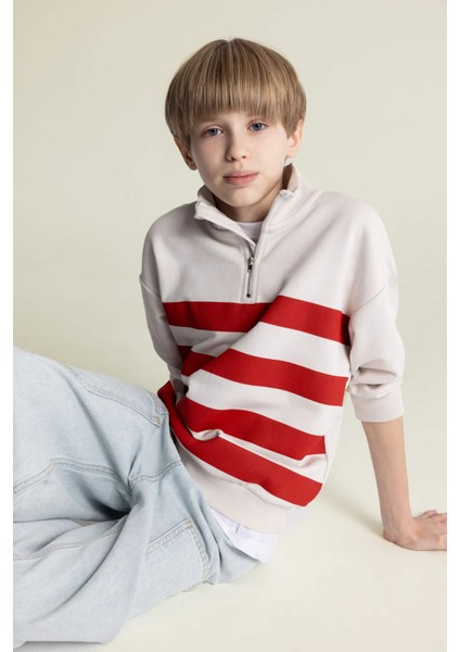 Erkek Çocuk Oversize Geniş Kalıp Dik Yaka Fermuarlı Çizgili Sweatshirt D7403A825SP