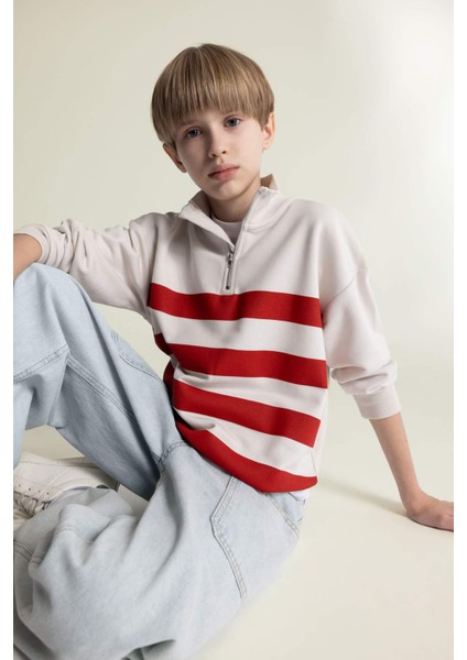 Erkek Çocuk Oversize Geniş Kalıp Dik Yaka Fermuarlı Çizgili Sweatshirt D7403A825SP