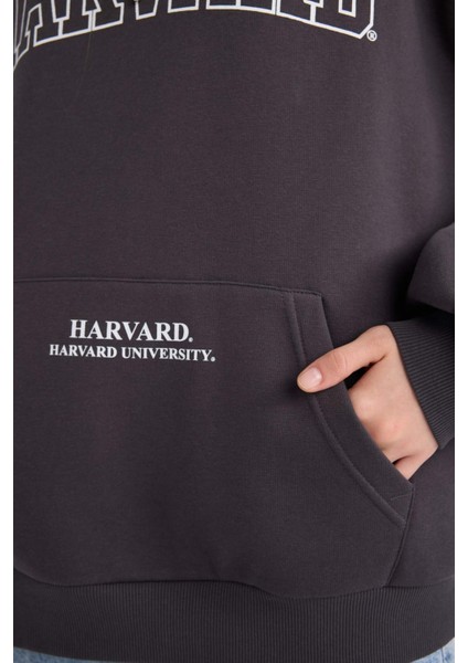 Harvard University Oversize Geniş Kalıp Kapüşonlu Cepli Kalın Sweatshirt D7000AX24WN