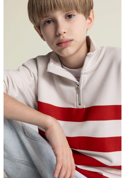 Erkek Çocuk Oversize Geniş Kalıp Dik Yaka Fermuarlı Çizgili Sweatshirt D7403A825SP