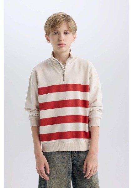Erkek Çocuk Oversize Geniş Kalıp Dik Yaka Fermuarlı Çizgili Sweatshirt D7403A825SP