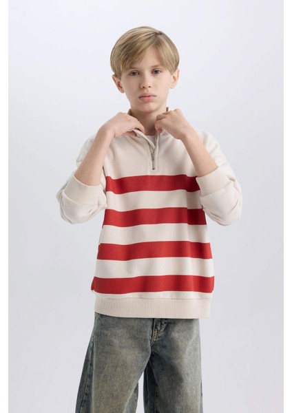 Erkek Çocuk Oversize Geniş Kalıp Dik Yaka Fermuarlı Çizgili Sweatshirt D7403A825SP