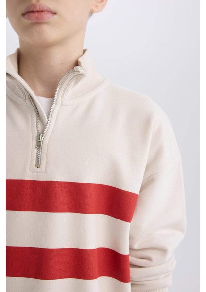Erkek Çocuk Oversize Geniş Kalıp Dik Yaka Fermuarlı Çizgili Sweatshirt D7403A825SP