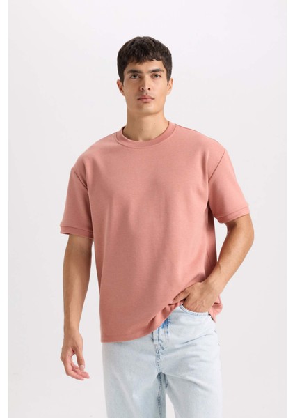 Oversize Geniş Kalıp Bisiklet Yaka Basic Düz Kısa Kollu Ağır Kumaş Tişört