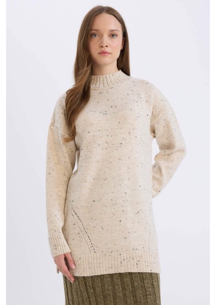 Relax Fit Yarım Balıkçı Yaka Nopeli Kumaş Triko Kazak Tunik D7487AX24WN