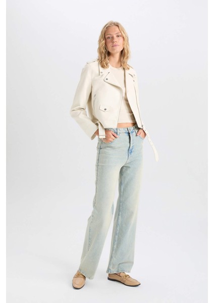 Su Geçirmez Crop Biker Ceket Suni Deri Kruvaze Yaka Fermuarlı Cepli Kemerli Mevsimlik Y7168AZ25SP